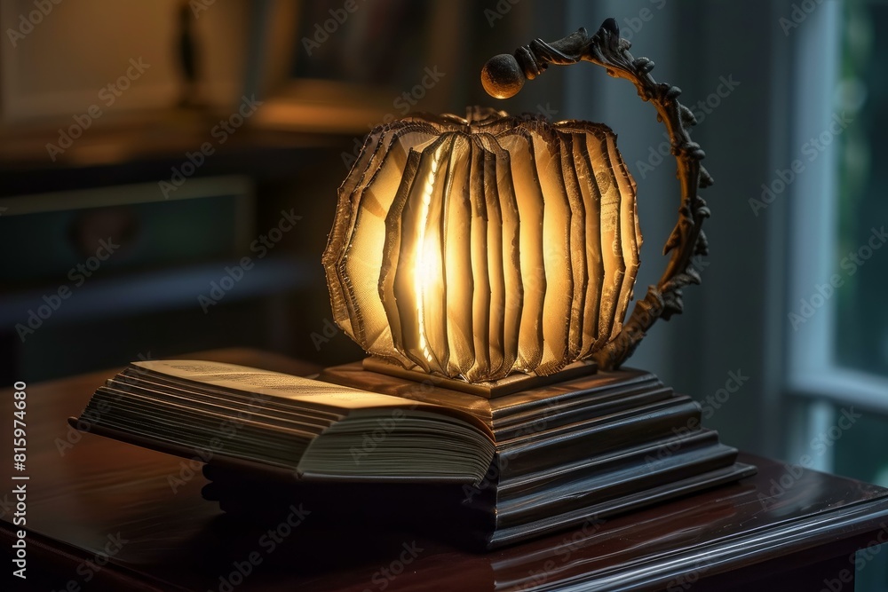 Poster magical open book with illuminated pages casting a warm glow on a dark background