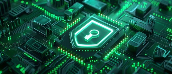 Fototapeta premium Futuristic Green Circuit Board with Security Icon