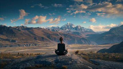 Super happy person meditating in lotus position, in the most beautiful place on earth
