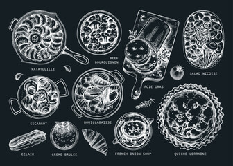 French cuisine dishes vintage drawings on chalkboard. Traditional food from France sketches set. French restaurant menu design elements. Hand-drawn food illustration, NOT AI generated