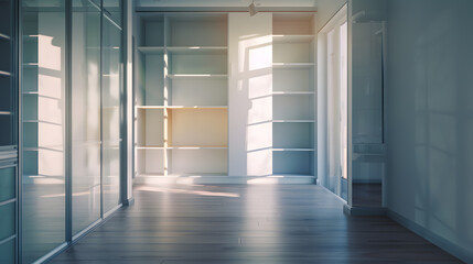 empty refurbished room in modern apartment renovated living space white cabinet with shelves glass partition door and floor with wooden laminate : Generative AI