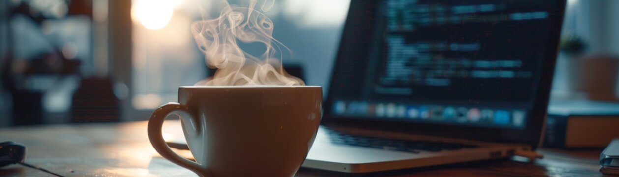 A cup of coffee on the desk of a software developer.
