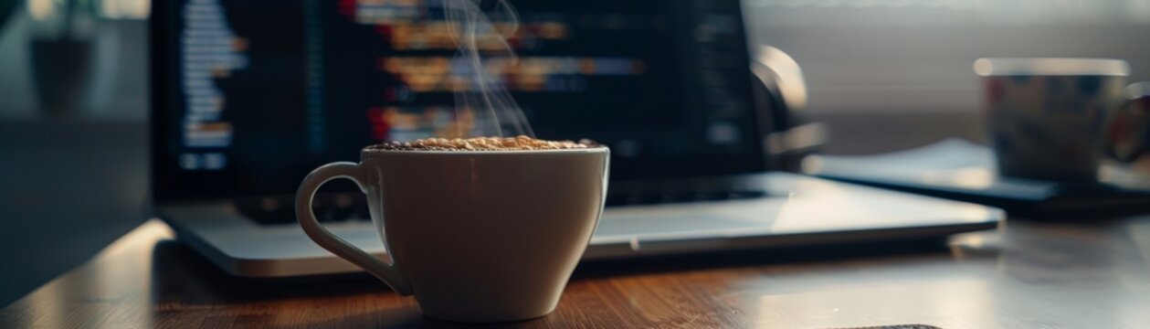 A cup of coffee on the desk of a software developer.