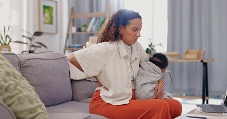 Mother, baby and backache on sofa in pain, discomfort or inflammation with sore joint or spine at...