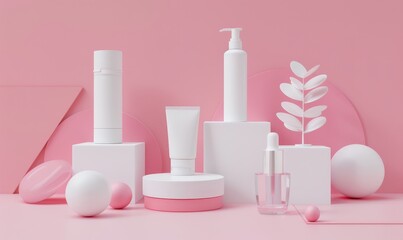 Render of simple white skincare products on pink background with geometric shapes