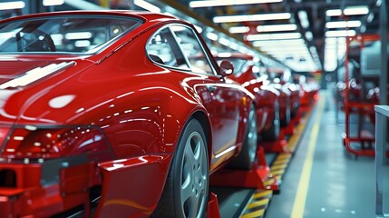 Obraz premium Red sport car on the assembly line, hyper realistic photography