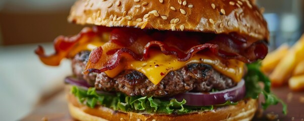 A delicious cheeseburger with bacon and caramelized onions.