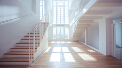 Fototapeta premium Twofloor apartment with spacious living room with wooden stairs hardwood floor and many big windows : Generative AI
