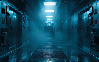 Convey a chilling scene from a futuristic laboratory at night