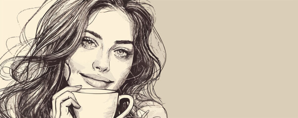 Beautiful smiling girl holding a cup of coffee retro hand drawn sketch. vector simple illustration