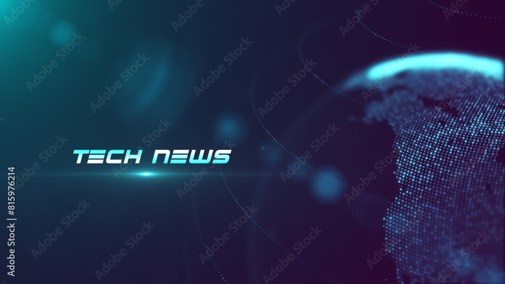 Poster tech news lettering on blue violet shiny partial view of dotted globe earth world map, in the bottom