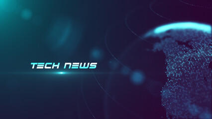 Tech News Lettering On Blue Violet Shiny Partial View Of Dotted Globe Earth World Map, In The Bottom Right Corner With Bokeh Light Flare Background