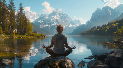 Super happy person meditating in lotus position, in the most beautiful place on earth
