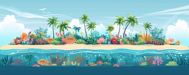 An idyllic island paradise with palm-fringed beaches, turquoise waters, and colorful coral reefs teeming with marine life. Vector flat minimalistic isolated illustration.