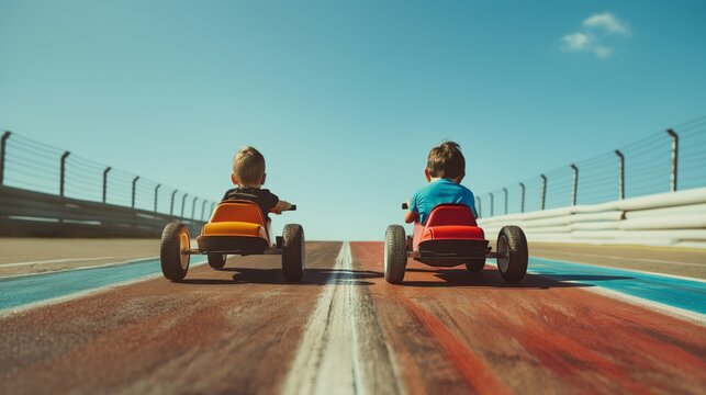 Back of two kids children boys in pedal cars on racing track happy smile during sunny day