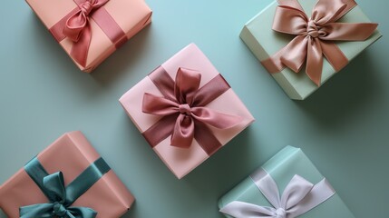 Gift boxes with ribbon neatly arrange on light background camera shot from above aerial view