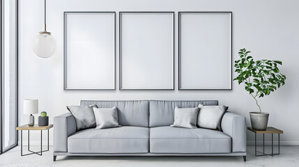 Fototapeta premium Elegant living room interior design with mockup poster frame modern sofa and stylish accessories Eucalyptus wall Template Copy space : Generative AI