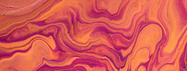 Abstract fluid art background dark purple and orange colors. Liquid marble. Acrylic painting with...