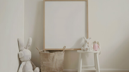 Cozy composition of kids room interior with mock up poster frame wicker basket plush animal toys braided plaid white stool beige wall with stucco and personal accessories Home decor Te : Generative AI