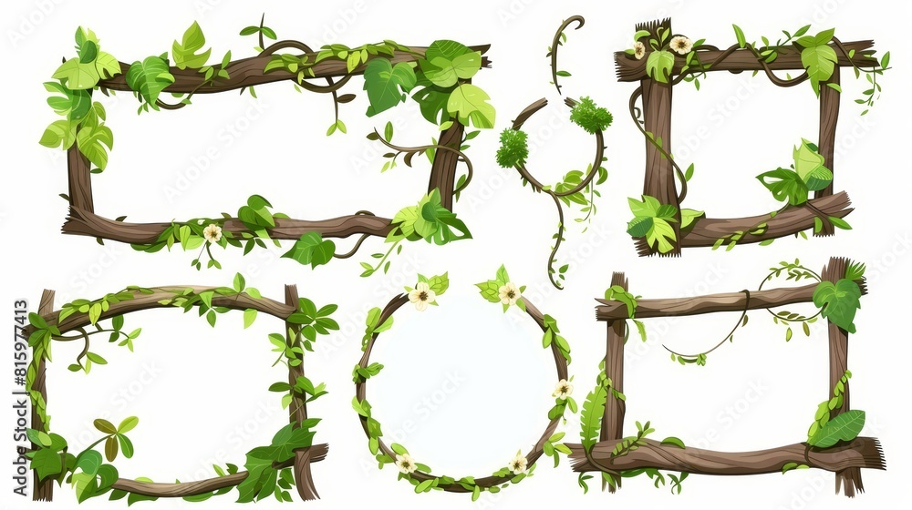 Poster animated jungle vines with leaves and flowers form rectangles and circles for game user interface de