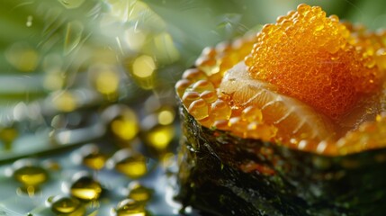 Close up of a piece of sushi with caviar on top