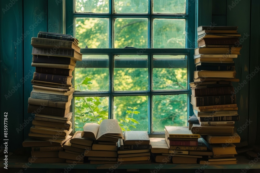 Poster tranquil corner with piles of books in front of a rustic window with natural light