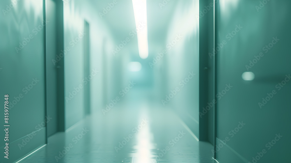 Poster bright empty defocused hospital corridor background with copy space : generative ai
