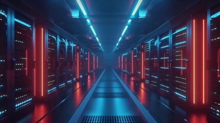 Fototapeta premium futuristic data center glowing server racks in darkened room complex technology visualization concept