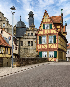 Charming narrow alley in medieval fairytale Marktbreit, Bavaria, Germany