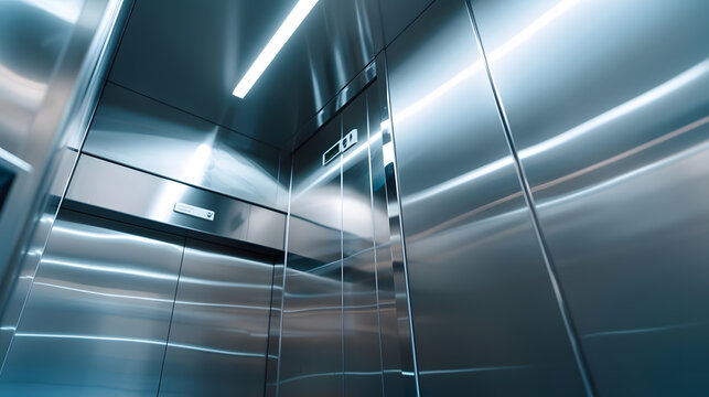 Stainless steel elevator cabin interior with mirror Modern passenger lift with convenient control panel in building Transportation concept Accessible environment for disabled people : Generative AI