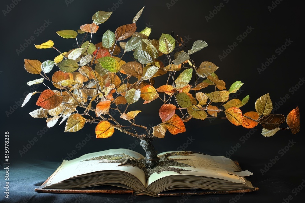 Poster artistic concept of an open book with a radiant golden tree growing from its pages on a dark backdro