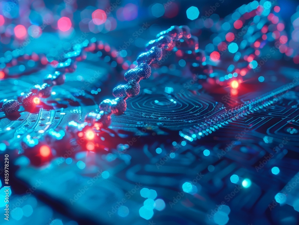 Poster close-up of a computer chip with red and blue lights.