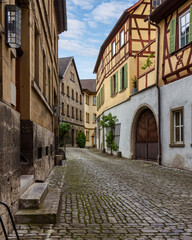 Charming narrow alley in medieval fairytale Marktbreit, Bavaria, Germany