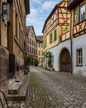 Charming narrow alley in medieval fairytale Marktbreit, Bavaria, Germany