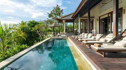 A luxurious resort pool with comfortable terrace sofas and sun loungers, surrounded by villas in Bali, Hawaii, and Thailand. Perfect for a tropical vacation or leisure escape.
