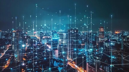Obraz premium futuristic machine learning technology connecting neural network in smart city ai data sharing concept