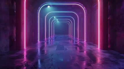 futuristic neon lights illuminating dark empty space with spotlights 3d illustration