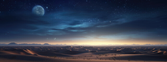 Obraz premium Sand dunes under moon and star filled sky with clouds, night dramatic desert landscape