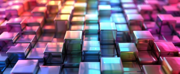 Abstract 3D Geometric Shapes Cube Blocks Background With Neon Lights Combines Modern Design With Vibrant Lighting, Creating A Visually Dynamic And Engaging Scene, 3D Rendering
