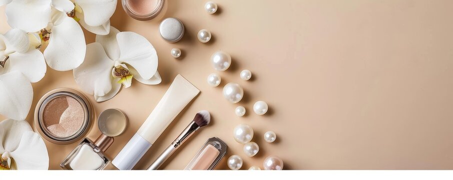 A set of beauty products on beige background with copy space, including makeup brush and nail