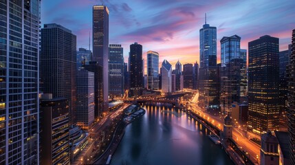 Twilight view of illuminated high-rise buildings in the heart of the city, radiating with energy and vitality.