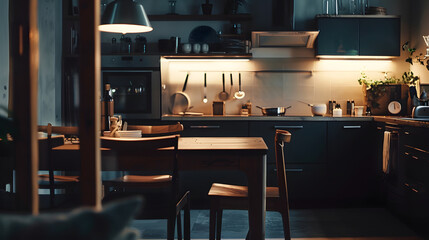 Stylish interior of modern kitchen with dining table : Generative AI