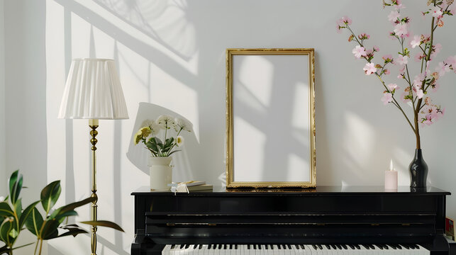 Elegant composition at living room interior with black piano gold mock up poster frame spring flowers decoration lamp and stylish presonal accessories in modern home decor : Generative AI