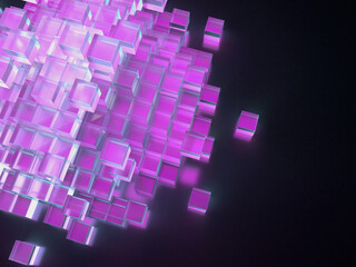 崩壊するクリスタルキューブのピラミッド。積み上げられたキューブの3Dイラスト