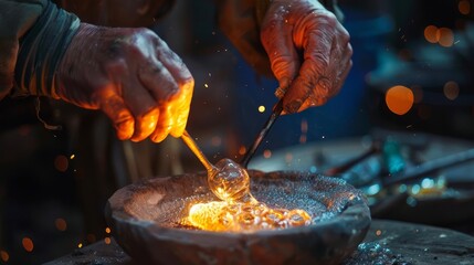 glassmakers skilled hands shaping molten glass ancient craft mastery oil painting