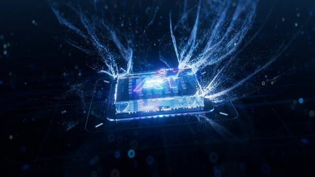Appearing of Futuristic High Performance AI Accelerated Computer Chip. Creation and Activation of Advanced Microchip. GPU for Artificial Intelligence Computing on Dark Background