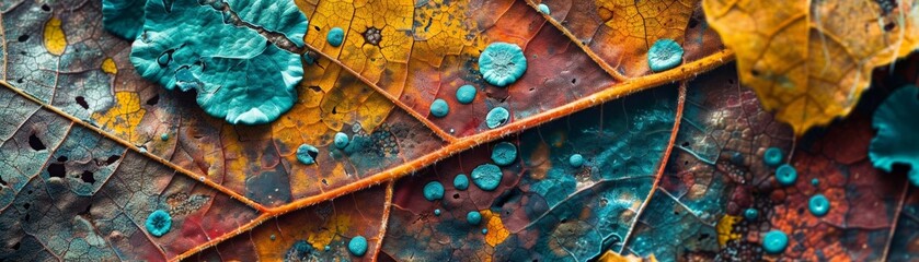 Colorful wet autumn leaves close up.