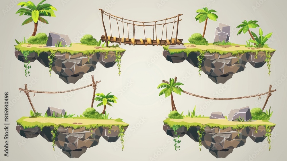 Aufkleber game level map ui design asset kit - floating ground platform with grass and stones, suspension old 