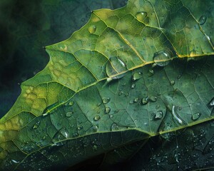 Fototapeta premium Green leaf with raindrops up close.