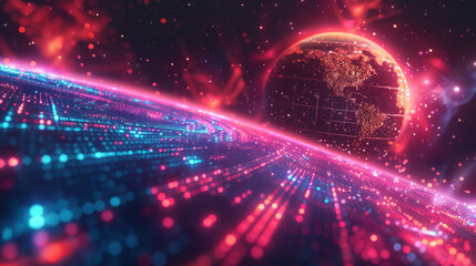 Obraz premium The virtual reality world displays a stunning array of bright neon hues, highlighting innovative progress, worldwide links, and cutting-edge AI capabilities.